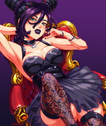 Rule 34 | 1girl, absurdres, alternate costume, arm behind head, arm tattoo, armpits, black choker, black dress, black hair, bracelet, braid, braided ponytail, breasts, butterfly ornament, chair, choker, cleavage, commentary, cone hair bun, cross, double bun, dress, english commentary, gamusaur, garter straps, goth fashion, green eyes, hair bun, highres, jewelry, jojo no kimyou na bouken, kuujou jolyne, looking at viewer, makeup, medium breasts, multicolored hair, purple background, purple hair, purple lips, purple nails, short dress, sitting, solo, stone ocean, tattoo, thighhighs, two-tone hair