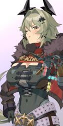 1girl black_gloves breasts caesar_king_(zenless_zone_zero) candy covered_navel food fur-trimmed_jacket fur_trim gloves green_hair hair_intakes hair_ornament hairclip highres jacket large_breasts looking_at_viewer nyan_park one_eye_closed prosthesis prosthetic_arm red_jacket solo yellow_eyes zenless_zone_zero