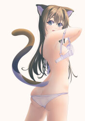 1girl animal_ears ass back blue_eyes bra bra_pull brown_hair butt_crack cat_ears cat_tail clothes_pull commentary_request covering_privates covering_breasts cowboy_shot frilled_bra frills from_behind highres jou_(circlemay) kemonomimi_mode long_hair looking_at_viewer looking_back love_live! love_live!_nijigasaki_high_school_idol_club open_bra open_mouth osaka_shizuku panties panty_pull partial_commentary pulling_own_clothes simple_background skindentation smile solo standing tail underwear underwear_only undressing white_background white_panties