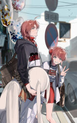 1boy 1girl ahoge ameinu bag car crosswalk day double_bun gintama grin hair_bun highres holding hood hood_down hoodie jacket kagura_(gintama) kamui_(gintama) long_sleeves looking_at_viewer motor_vehicle outdoors red_hair road road_sign short_hair shoulder_bag siblings sign sky smile standing street stuffed_toy v yellow_eyes