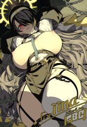 1girl arms_up artist_name black_hair blue_archive blush breasts cleavage_cutout clothing_cutout cross cross_earrings earrings fbc hair_over_one_eye hair_spread_out halo hinata_(blue_archive) jewelry large_breasts long_hair long_sleeves looking_at_viewer lying nipples nun on_back open_mouth red_eyes solo tears thighhighs very_long_hair white_thighhighs yellow_halo