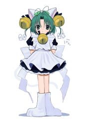 1girl 2024 :&lt; animal_ears animal_hat antenna_hair apron arms_behind_back back_bow bell blush bow cat_ears cat_hat dejiko di_gi_charat dress fake_animal_ears full_body green_eyes green_hair hair_bell hair_ornament hat highres looking_at_viewer neck_bell parted_bangs paw_shoes pepeppepe101 short_hair short_sleeves simple_background solo translation_request two_side_up white_background