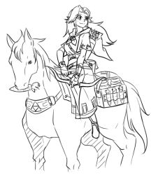 1girl alternate_costume alternate_universe arrow_(projectile) bow_(weapon) carrot epona fan_design female_focus gloves greyscale horse hyrule_warriors long_hair malon matsu-sensei monochrome neckerchief nintendo pointy_ears quiver riding saddle sketch skirt smile solo the_legend_of_zelda weapon