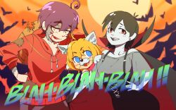 3girls ahoge alice_margatroid animal_ears bat_(animal) black_cape black_hair black_skirt blonde_hair blue_eyes blush cape colored_skin commentary cookie_(touhou) cowboy_shot english_commentary fake_animal_ears fang full_moon grey_shirt grey_skin halloween halloween_costume highres hood hood_down hoodie kofji_(cookie) looking_at_viewer maru_(cookie) moon multiple_girls off-shoulder_shirt off_shoulder open_mouth orange_sky patchwork_skin purple_hair red_cape red_eyes red_hoodie shirt short_hair skirt sky smile snout suspenders touhou two-sided_cape two-sided_fabric ukiwagirl vampire_costume web_(cookie) werewolf_costume wolf_ears