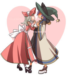 Rule 34 | 1boy, 1girl, back bow, black shirt, black shoes, blush, bonnet, bow, closed eyes, coat, commentary request, dated, dress, full body, green hat, grey coat, happy birthday, hat, heart, hetero, high priest (ragnarok online), imminent kiss, juliet sleeves, long sleeves, looking at another, medium hair, mere (enya), pink bonnet, pink dress, puffy sleeves, ragnarok online, sash, shirt, shoes, short hair, soul linker (ragnarok online), standing, thighhighs, translation request, two-tone dress, white background, white bow, white dress, white sash, white thighhighs, wide sleeves