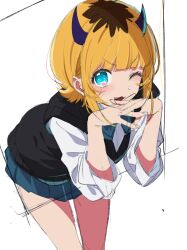 1girl :3 ;d anime_coloring black_hair black_horns black_sweater_vest blonde_hair blue_eyes blue_skirt blush commentary_request cowboy_shot demon_horns dress_shirt elbow_rest fake_horns fang fingernails horns interlocked_fingers leaning_forward memcho miniskirt multicolored_hair official_style one_eye_closed open_mouth oshi_no_ko own_hands_together pleated_skirt roots_(hair) school_uniform shirt short_hair shuri_(84k) sidelocks simple_background skirt smile solo sweater_vest thighs three-quarter_sleeves two-tone_hair v-shaped_eyebrows white_background white_shirt