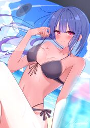 1girl absurdres alternate_costume bikini black_bikini blue_hair blue_sky breasts cloud cloudy_sky collarbone colored_inner_hair commentary day dutch_angle floating_hair highres hinanawi_tenshi lens_flare light_blush light_particles long_hair looking_at_viewer medium_breasts multicolored_hair navel noctal_mxix ocean outdoors pink_eyes signature sky smile solo spaghetti_strap swimsuit touhou two-tone_hair wet