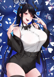 1girl absurdres bare_shoulders black_bow black_bowtie black_hair black_thighhighs blue_background blush bow bowtie breasts brown_eyes cowboy_shot double_inward_v dress_shirt drunktatsu hair_ornament highres hololive hololive_english large_breasts long_hair nerissa_ravencroft shirt short_shorts shorts sleeveless sleeveless_shirt slit_pupils smile solo thighhighs twintails very_long_hair virtual_youtuber