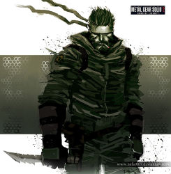 1boy beard cigarette combat_knife copyright_name dexter_soy facial_hair gloves headband knife male_focus manly metal_gear_(series) metal_gear_solid_2:_sons_of_liberty military_operator reverse_grip smoking solid_snake solo weapon