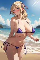 Rule 34 | 1girl, absurdres, akihiro0920, alternate breast size, beach, bikini, blonde hair, blue bikini, breasts, commentary request, commission, estelle rosenthal, green eyes, hair ribbon, highres, huge breasts, looking at viewer, micro bikini, mole, mole under eye, navel, ocean, outdoors, parted lips, pixiv commission, ribbon, side-tie bikini bottom, smile, solo, string bikini, swimsuit, toaru kagaku no accelerator, toaru majutsu no index