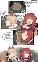 2girls absurdres alice_thymefield animal_ears blonde_hair blush closed_eyes collared_shirt commentary english_commentary english_text green_eyes green_skirt heart highres kama_(zenless_zone_zero) long_hair multiple_girls pleated_skirt rabbit_ears rabbit_girl rabbit_tail raccoon red_hair shirt skirt sleepy_kaslana speech_bubble tail tail_kiss twintails ukinami_yuzuha white_shirt yuri zenless_zone_zero