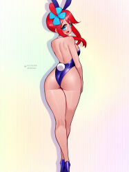 1girl ass bare_shoulders blue_eyes highres jaxdrawz leotard long_hair looking_back nintendo playboy_bunny pokemon pokemon_bw rabbit_ears rabbit_tail red_hair skyla_(pokemon) sleeveless thong_leotard