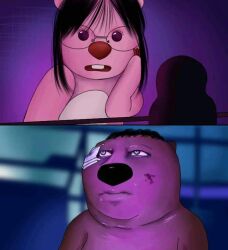 1boy 1girl a_better_tomorrow artist_request black_hair blade_runner_(series) blade_runner_2049 buck_teeth chinese_beaver closed_mouth colored_skin commentary english_commentary gauze gauze_on_face glasses_loopy_plushie_(meme) goslingposting_(meme) looking_at_another loopy_(pororo) meme open_mouth pink_skin pororo_the_little_penguin purple_eyes short_hair teeth third-party_source you_look_lonely_(meme)