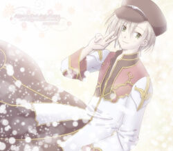 Rule 34 | 1boy, asymmetrical bangs, blonde hair, brown coat, brown hat, closed mouth, coat, commentary request, cowboy shot, dated, gold trim, green eyes, hair between eyes, hat, high priest (ragnarok online), long sleeves, looking at viewer, male focus, multicolored coat, newsboy cap, ragnarok online, red coat, sharari, short hair, smile, solo, two-tone coat, v, white coat