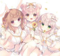3girls :d :o animal_ears bikini bikini_skirt bow breasts brown_bow brown_eyes brown_hair cleavage closed_mouth collarbone commentary double_bun flower green_eyes grey_hair hair_bow hair_bun holding holding_flower large_breasts multiple_girls navel open_mouth original parted_lips pink_hair puffy_short_sleeves puffy_sleeves rabbit_ears sailor_bikini sailor_collar short_sleeves simple_background smile sunflower swimsuit symbol-only_commentary twitter_username white_background white_bikini white_sailor_collar wrist_cuffs yellow_flower yukie_(peach_candy)