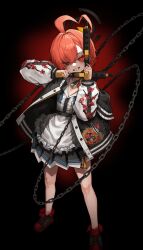 Rule 34 | 1girl, absurdres, ahoge, apron, black halo, black jacket, black skirt, blue archive, braid, branch print, chain, delinquent, dragon print, floral print, full body, grin, gun, halo, highres, holong5020, jacket, looking at viewer, medium hair, neru (blue archive), pleated skirt, print jacket, red eyes, shirt, shoes, short hair, sig mpx, single braid, skirt, smile, sneakers, solo, submachine gun, sukajan, weapon, white apron, white shirt