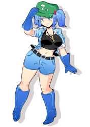 1girl belt black_tank_top blue_eyes blue_gloves blue_hair blue_shoes blue_shorts blue_vest blush boots breasts bright_pupils closed_mouth commentary flat_cap full_body gloves green_hat hair_bobbles hair_ornament hand_on_headwear hashtag-only_commentary hat highres kawashiro_nitori key looking_at_viewer navel rubber_boots sakamoto_fred shoes shorts simple_background solo tank_top touhou two_side_up vest white_background white_pupils