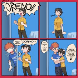 Rule 34 | 1boy, 1girl, absurdres, afterimage, artist name, black hair, blush, breasts, brown eyes, closed eyes, collared shirt, comic, commentary, diforland, english commentary, english text, hetero, highres, hug, medium breasts, orange hair, oreno fyodo, original, riko ahry, shirt, sweat
