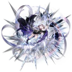 1girl animal_ears arknights artist_collaboration ass black_dress black_hairband black_shoes breasts commentary_request dress elite_ii_(arknights) hairband highres holding holding_wand large_breasts liduke lin_(arknights) long_hair long_sleeves looking_at_viewer mouse_ears official_art purple_eyes purple_hair shoes solo thighs transparent_background wand wide_sleeves yyb