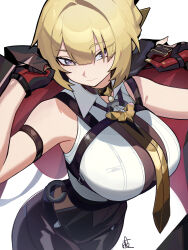 1girl arm_strap black_choker black_gloves black_pants blonde_hair breasts chest_harness choker distr elbow_gloves evelyn_chevalier gloves hair_up half_gloves harness high-waist_pants highres jacket jacket_on_shoulders large_breasts necktie pants purple_eyes shirt signature single_elbow_glove single_half_glove solo tight_clothes tight_pants white_background white_shirt yellow_necktie zenless_zone_zero