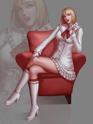 Rule 34 | 1girl, armchair, audia pahlevi, boots, card, chair, crossed legs, dress, emilie de rochefort, female focus, fingerless gloves, gloves, heart, high heel boots, high heels, highres, hime cut, knee boots, kneehighs, namco, open mouth, playing card, sitting, socks, solo, tekken