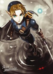 1boy artist_name blonde_hair blue_tunic commentary dark_link from_above highres holding holding_shield holding_sword holding_weapon hylian_shield link male_focus master_sword navi nintendo phrygian_cap pointy_ears scabbard sheath shield shiro_murasaki sword the_legend_of_zelda the_legend_of_zelda:_ocarina_of_time tunic water weapon