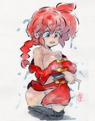 1girl blue_eyes braid clothing_removed dripping genderswap genderswap_(mtf) ghostcobra_ink highres ink_(medium) covered_erect_nipples painting_(medium) pants unworn_pants ranma-chan ranma_1/2 red_hair see-through_clothes see-through_shirt single_braid soaked traditional_media watercolor_(medium)