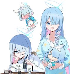 Rule 34 | 2girls, arona (blue archive), blue archive, blue eyes, blue hair, blue halo, blue pajamas, braid, character doll, colored inner hair, commentary request, doll, general student council president (blue archive), hair over one eye, hairband, halo, korean commentary, long hair, long sleeves, miniskirt, multicolored hair, multiple girls, pajamas, pink hair, pleated skirt, short hair, single braid, skirt, skyrain315, two-tone hair, very long hair, white hairband, white skirt