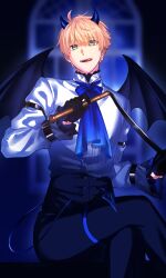Rule 34 | 1boy, alternate costume, arm belt, arthur pendragon (fate), ascot, belt, belt buckle, black belt, black gloves, black pants, black tail, black wings, blonde hair, blue ascot, blurry, blurry background, buckle, crossed legs, demon boy, demon horns, demon tail, demon wings, fangs, fate/prototype, fate (series), frilled sleeves, frills, gloves, green eyes, hair between eyes, high-waist pants, highres, holding, holding whip, horns, licking lips, long sleeves, looking at viewer, male focus, open mouth, pants, seseragi azuma, shirt, short hair, sitting, smile, solo, tail, tongue, tongue out, white shirt, window, wings