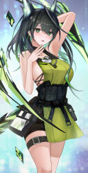 1girl absurdres ahoge animal_ears arknights arm_behind_head arm_up bare_shoulders belt belt_buckle black_belt black_hair breasts bright_pupils buckle commentary cowboy_shot crystal green_eyes hand_on_own_chin highres huge_ahoge kyuu_(q_des9) large_breasts light_particles looking_at_viewer medium_hair mon3tr_(arknights) open_mouth pouch redrawn sideboob solo standing thigh_belt thigh_strap white_pupils