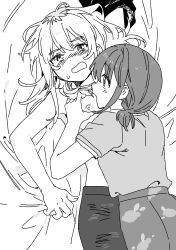 2girls absurdres blush breasts commentary_request girls_band_cry grabbing_another&#039;s_breast greyscale groping habsida_(habsida_hpy) highres iseri_nina kawaragi_momoka korean_commentary long_hair lying_on_person medium_breasts monochrome multicolored_hair multiple_girls nipples open_mouth pants protected_link roots_(hair) short_twintails smile sweatdrop topless_female twintails yuri