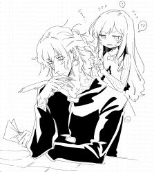 Rule 34 | 1boy, 1girl, ?, ??, absurdres, bare arms, bare shoulders, bow, braiding hair, closed mouth, collarbone, curse maker, curse maker 1, doctor magus, doctor magus 4, dress, etrian odyssey, flying sweatdrops, hair between eyes, hairdressing, hand up, highres, holding, long hair, nikki kyousuke, parted lips, quill, shirt, simple background, sleeveless, sleeveless dress, spoken question mark, very long hair, watermark, wavy mouth, white background
