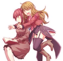 Rule 34 | 2girls, black thighhighs, blush, book, boots, brown boots, brown hair, closed eyes, closed mouth, dress, fang, garter straps, highres, holding, holding book, hswoimuxk0pwr0h (bbdan), imminent hug, invisible chair, long hair, mammon (umineko), multiple girls, open book, red dress, red hair, sitting, thighhighs, umineko no naku koro ni, ushiromiya ange