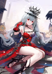 Rule 34 | 1girl, arknights, bare legs, breasts, cleavage, commentary, crown, dress, ema (kuguiema), english commentary, full body, gloves, grey background, grey hair, headpiece, highres, indoors, long hair, looking at viewer, medium breasts, multiple others, official alternate costume, red dress, red eyes, red gloves, sitting, skadi (arknights), skadi the corrupting heart (arknights), skadi the corrupting heart (red countess) (arknights), sketch, smile, solo focus, thighs, unfinished, very long hair, wariza