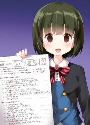 Rule 34 | 1girl, :d, black jacket, blue shirt, blunt bangs, blush, bow, bowtie, brown eyes, collared shirt, commentary request, empty eyes, gradient background, green hair, highres, holding, jacket, kin-iro mosaic, long sleeves, looking at viewer, oomiya shinobu, open clothes, open jacket, open mouth, purple background, red bow, red bowtie, ruu (tksymkw), school uniform, shirt, short hair, smile, solo, striped bow, striped bowtie, striped clothes, test score, upper body