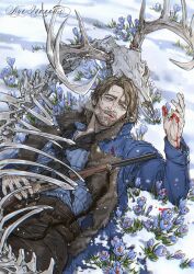 1boy absurdres animal_skeleton animal_skull arthur_morgan beard black_neckerchief blood blood_on_face blood_on_hands blue_coat blue_flower blue_shirt brown_hair brown_pants coat deer_skull facial_hair flower full_beard gun highres holding holding_gun holding_weapon male_focus neckerchief nyeigneous pants red_dead_redemption_(series) red_dead_redemption_2 ribs rifle shirt signature solo weapon