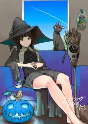 absurdres barefoot black_cat black_hair blunt_bangs broom cat chito_(flying_witch) flying_witch green_eyes hat highres ishizuka_chihiro jack-o&#039;-lantern kowata_makoto mandrake multiple_girls official_art pumpkin smile solo witch_hat