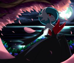 Rule 34 | absurdres, alternate color, bad deviantart id, bad id, black dress, black gloves, blue flower, blue hair, colored skin, dress, elbow gloves, flower, full moon, gardevoir, gen 3 pokemon, gloves, highres, looking at viewer, mega gardevoir, mega pokemon, moon, night, night sky, nintendo, petals, pink petals, pokemon, pokemon (creature), red eyes, shiny pokemon, sky, strapless, strapless dress, white skin, xiexieyi