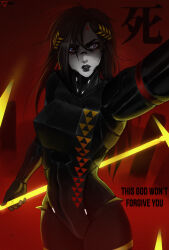 1girl android bags_under_eyes black_lips blue_eyes colored_skin commentary english_commentary english_text falke_(signalis) furrowed_brow glowing glowing_weapon highres holding holding_weapon joints laurel_crown medium_hair metal_skin nyuunzi pov reaching reaching_towards_viewer ringed_eyes robot_girl robot_joints signalis solo spoilers thick_eyebrows triangle_print weapon white_skin