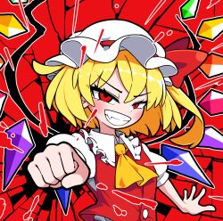 1girl ascot blonde_hair breaking clenched_hand crystal crystal_wings fang flandre_scarlet grin hat hat_ribbon highres looking_at_viewer mob_cap puffy_sleeves red_background red_eyes red_ribbon red_vest ribbon short_sleeves side_ponytail smile solidus_(sword_cube) solo touhou upper_body vest wings yellow_ascot