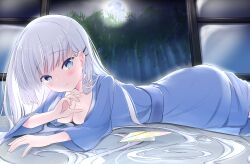 1girl absurdres alternate_costume backlighting blue_eyes blue_kimono blunt_ends blush breasts cleavage closed_mouth collarbone commentary_request cowboy_shot from_side full_moon hair_behind_ear hair_between_eyes hair_ornament hair_over_shoulder hair_spread_out hairclip hand_up highres indoors japanese_clothes kimono long_hair long_sleeves looking_at_viewer lying medium_breasts miraikanai moon moonlight naruse_shiroha night on_stomach open_door paper_airplane parallel_hairclips ringed_eyes shouji sliding_doors smile solo split_mouth summer_pockets very_long_hair white_hair wide_sleeves