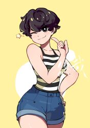 Rule 34 | 1girl, ;3, absurdres, bare arms, black eyes, black hair, black shirt, bright pupils, closed mouth, cowboy shot, crossed bangs, denim, denim shorts, eyebrows hidden by hair, hair intakes, hand on own hip, hand up, highres, index finger raised, looking to the side, one eye closed, original, shirt, short hair, shorts, smile, solo, split mouth, star (symbol), striped clothes, striped shirt, tank top, thick thighs, thighhighs, thighs, very short hair, watermark, wavy hair, white background, white pupils, white shirt, yellow background, youzaiyouzai112, zettai ryouiki