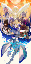 6+girls absurdres angel angel_wings braided_twintails brown_hair commentary full_moon gloves halo hat highres horns moon multiple_girls o2_(rin617) original pink_hair pointy_ears ponytail top_hat white_gloves wings witch_hat