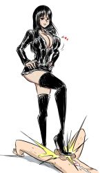 1boy 1girl ball_busting bdsm black_hair boots breasts cbt cleavage clothed_female_nude_male cum dress ejaculation erection femdom high_heels large_breasts legs long_hair lying miniskirt nico_robin nico_robin_(water_7) nude ocigart on_back one_piece penis skirt standing stepping_on_penis testicles thigh_boots thighs trample white_background