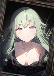 1girl absurdres black_dress breasts collarbone cross cross_necklace dampi downblouse dress earrings frilled_dress frills green_hair highres jewelry kusanagi_nene light_blush long_hair looking_at_viewer low-tied_sidelocks necklace parted_lips picture_frame project_sekai purple_eyes sidelocks small_breasts solo strap_slip upper_body wispy_bangs