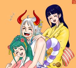 Rule 34 | 1boy, 2girls, ahoge, aqua hair, blue hair, blunt bangs, blush, couchpotato op, flower, hair flower, hair ornament, half updo, highres, horns, japanese clothes, kikunojo (one piece), kimono, kouzuki hiyori, long hair, multiple girls, obi, one piece, orange background, ponytail, rope, sash, shimenawa, sidelocks, simple background, sleeveless, sleeveless kimono, wide sleeves, yamato (one piece), yellow kimono