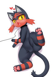 1girl animal_ears animal_hands blush cat_ears cat_tail cleft_of_venus collar colored_sclera feet female_focus full_body furry furry_female game_freak gen_7_pokemon heart highres leash leg_lift litten looking_at_viewer lying nintendo on_back open_mouth pokemon pokemon_(creature) pokemon_sm presenting pussy red_eyes simple_background solo spread_legs tail tears uncensored white_background wolflong yellow_sclera