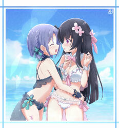 2girls :d ^_^ aqua_flower aqua_ribbon artist_name assault_lily bare_arms bare_shoulders bikini black_bikini black_collar black_flower black_sarong blue_sky blunt_bangs blunt_ends blush bob_cut border bow bowtie braid breasts cleavage closed_eyes cloud collar commentary_request day ear_piercing face-to-face facing_another flower frilled_bikini frilled_collar frills front-tie_bikini_top front-tie_top hair_behind_ear hair_flower hair_ornament hair_ribbon half_up_braid hands_up horizon hug inoguchi_minto jewelry kagawa_makina leg_tattoo light_particles long_hair looking_at_another medium_breasts mole mole_under_mouth morimoto_yuni multiple_girls navel ocean official_alternate_costume official_alternate_hairstyle open_mouth outdoors parted_bangs parted_lips piercing pink_bow pink_bowtie pink_flower pink_ribbon pink_sarong profile purple_eyes purple_hair ribbon ring sarong see-through_bikini see-through_clothes see-through_sarong short_hair side_braid sidelocks sky smile standing sweatdrop swimsuit tattoo v-shaped_eyebrows very_long_hair water white_bikini white_border white_collar wrist_cuffs yuri