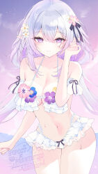 1girl absurdres bare_shoulders bikini breasts castorice_(honkai:_star_rail) collarbone commentary_request cowboy_shot flower flower_ornament frilled_bikini frills hair_flower hair_ornament highres honkai:_star_rail honkai_(series) large_breasts long_hair looking_at_viewer navel pointy_ears purple_eyes purple_hair purple_sky sky solo stomach swimsuit thighs tsuyuri_eri white_bikini