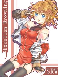 Rule 34 | 1girl, black thighhighs, blonde hair, blue eyes, breasts, eri., excellen browning, female focus, fingerless gloves, garter straps, gloves, long hair, miniskirt, ponytail, skirt, smile, solo, super robot wars, super robot wars original generation, thighhighs